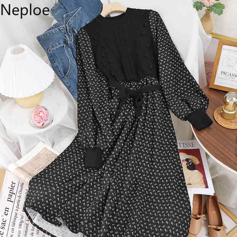 Neploe Patchwork Lnitted Ribbed Dress Slim Waist Lace Up Floral Vestidos O-neck Long Sleeve Vintage Robe Dresses for Women 4G305 210422