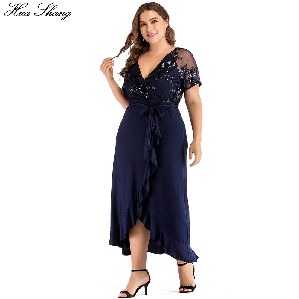 Women Summer Casual Dress Plus Size Female V Neck Short Sleeve Sequied Party Dresses Ruffles Irregular Maxi Long Dress 210331