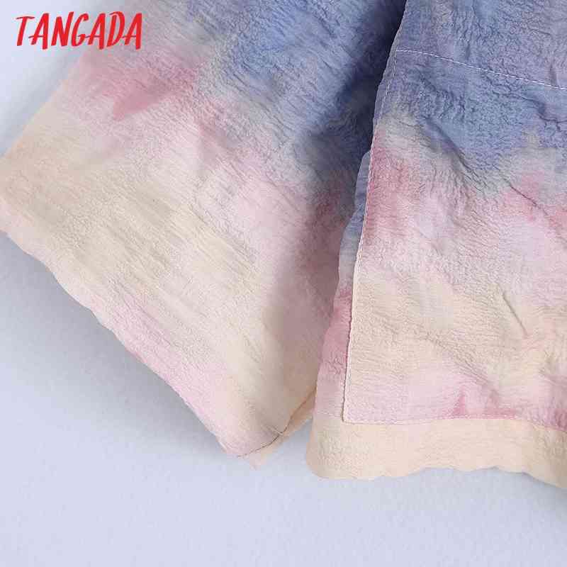 Fashion Women Pockets Tie-dye Cropped Blouses Vintage Short Sleeve Female Shirts Chic Tops BE516 210416