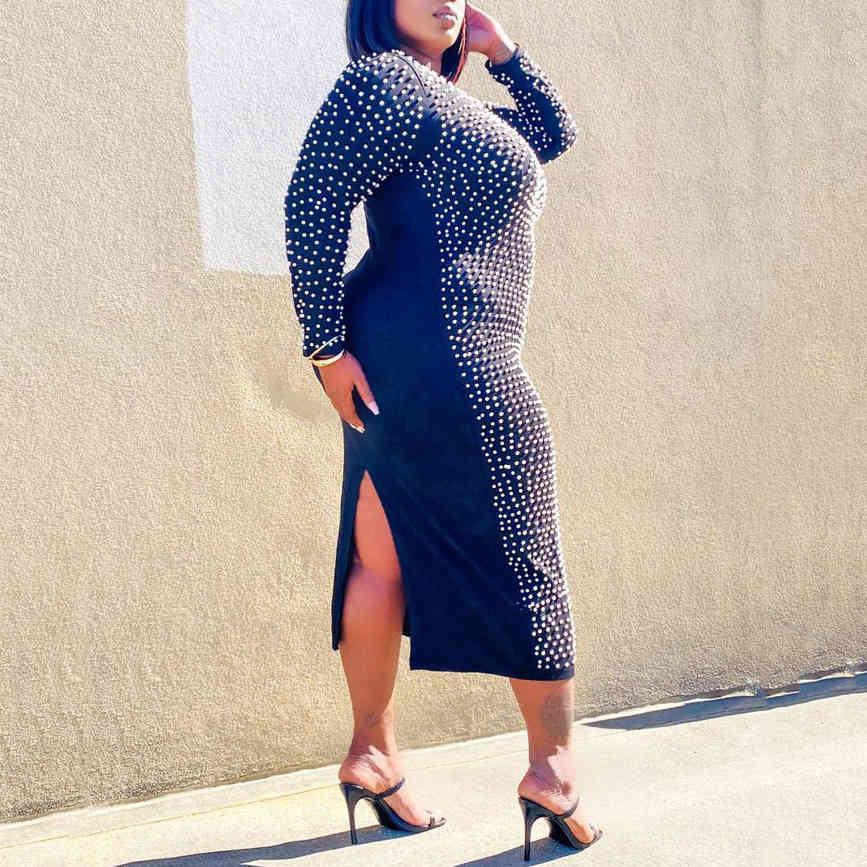 African 4XL 5XL Big Size Beaded Dress Bodycon High Waist Back Split Mid Calf Elegant Evening Party Night Dinner Sexy Dresses 210510