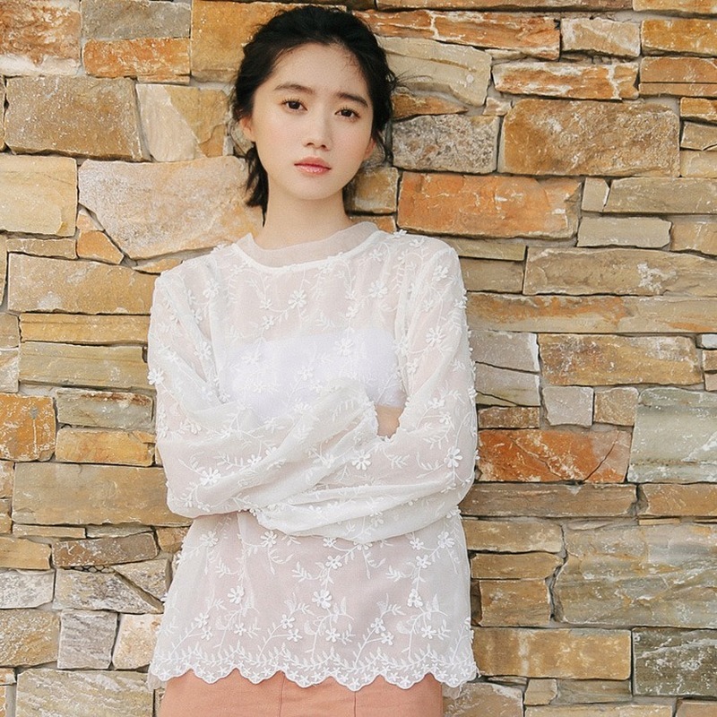 Korean Chic Lace Shirt Women See Through Solid Round Neck Bubble Sleeves Women's Blouse Embroidered Sunscreen Shirts 13463 210427