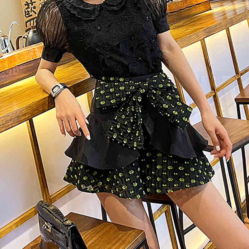 Temperament Playful Firefly Bow Fluorescent Jacquard Texture Double Layer Ruffles Short Skirts For Women In Summer 210427