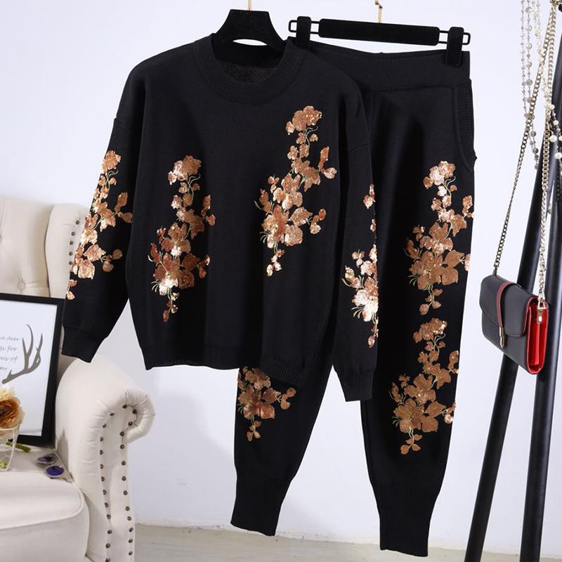 Spring 2 Piece Set Women Round Collar Long Sleeve Elastic Embroidery Leaves Sweater Casual Pant Suit Fashion Women's Tracksuits