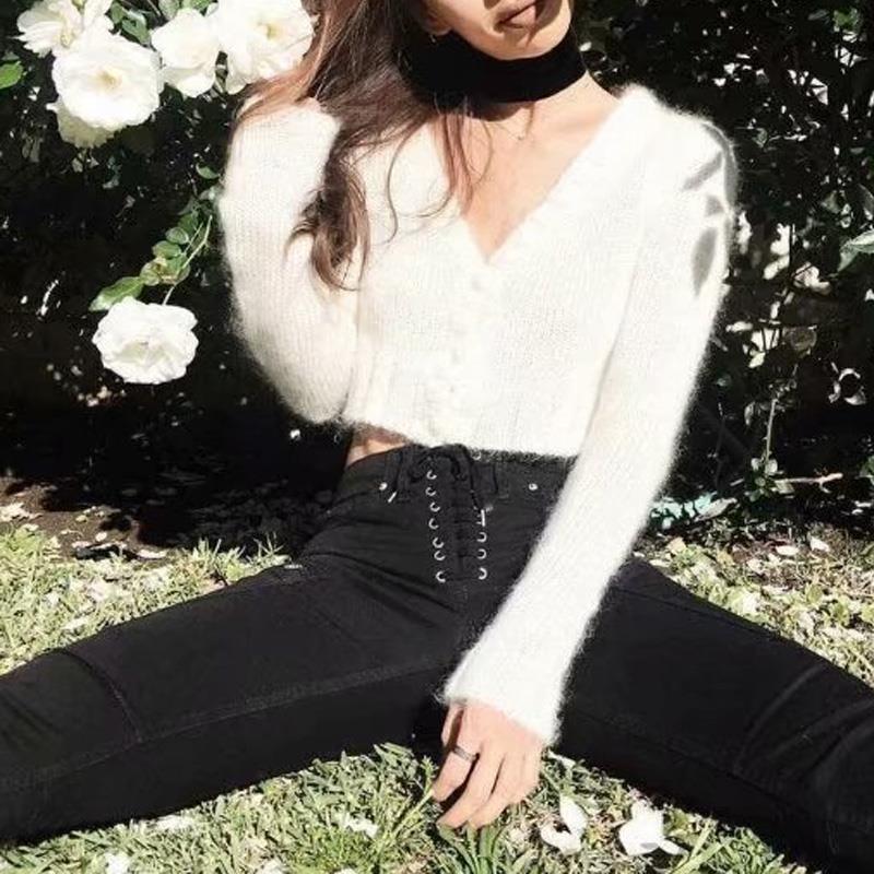 Furry White Cropped Cardigans Women Kawaii Sweater Knitted Crop Top Korean Casual Long Sleeve Ladies Fall 210521