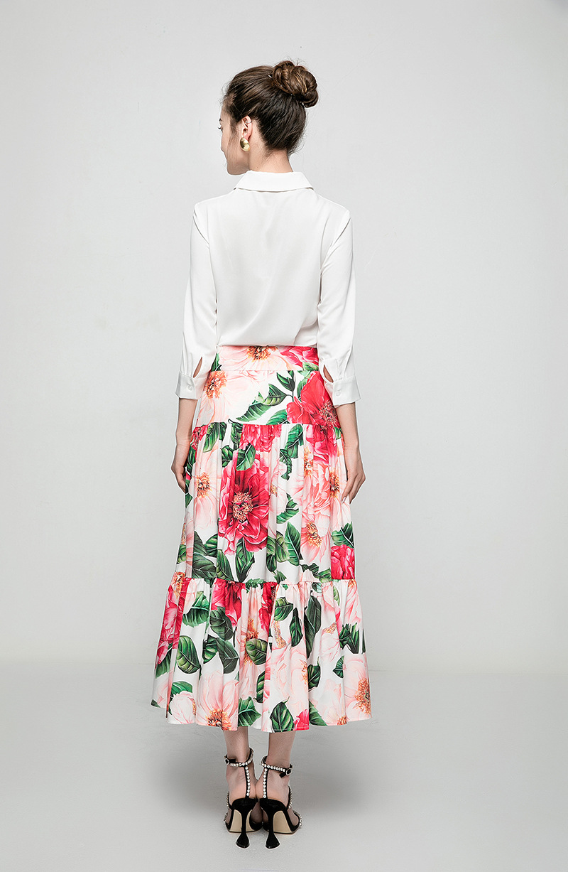 Women's Runway Two Piece Dress Turn Down Collar Long Sleeves White Shirt with Printed Skirt Twinsets