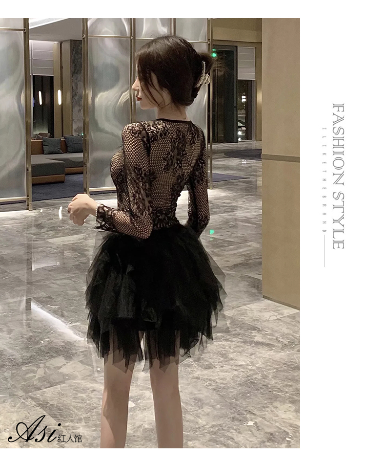 New design womens sexy eyelash lace v-neck padded long sleeve shirt and elastic waist layered ball gown gauze skirt dress suit twinset