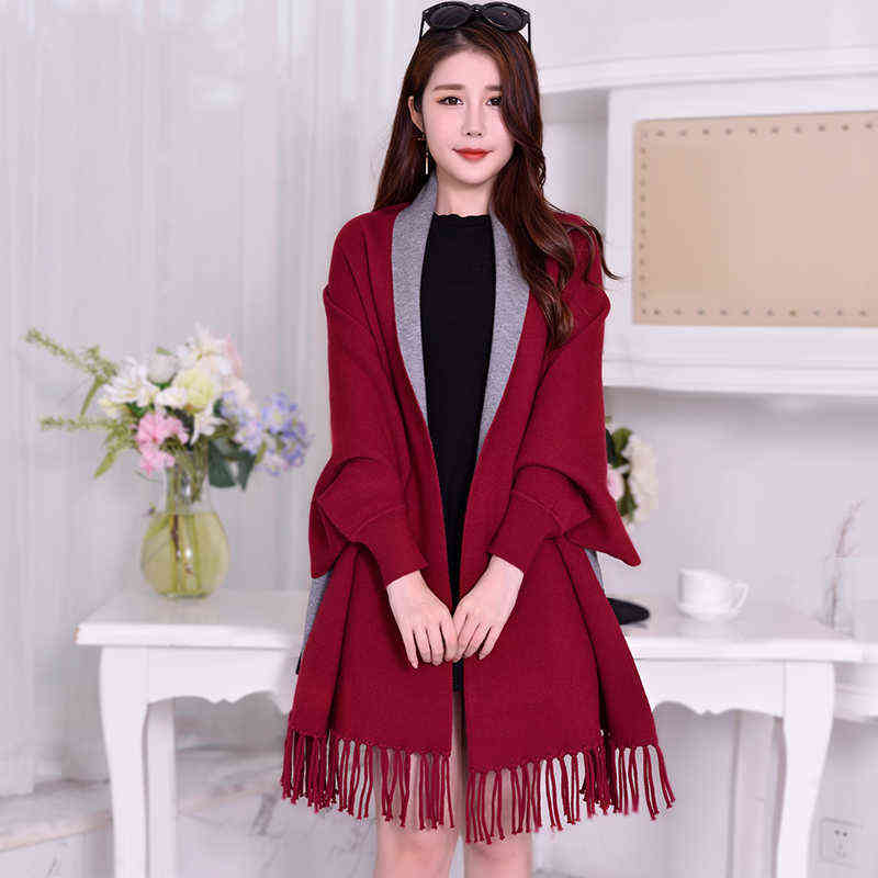 Women Winter Poncho with Sleeve Shawls and Wraps Pashmina Red Thicken Scarf Stoles Femme Hiver Warm Reversible Ponchos Capes 211227