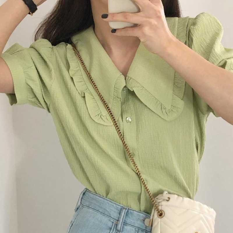 Chic Summer Woman Shirts Causal Peter Pan Collar Short Sleeve Blouse Tops Korean Solid Blusas De Mujer 6J686 210603