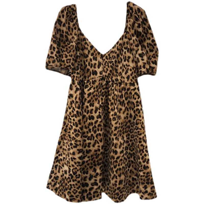 Summer Loose Waist Slim Leopard Print Patchwork Short-sleeved A Line Dresses for Women 210615