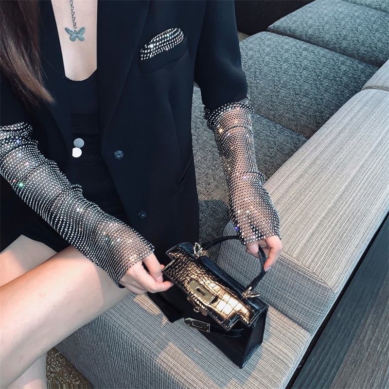 fashion Autumn Black Blazer For Women Long Sleeve Diamond Patchwork Long Elegant Coat Female women Clothing 210518