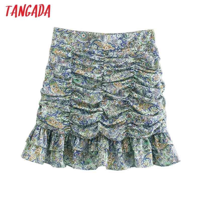 Women Chic Ruffled Pleated Printed Chiffon Vintage High Waist Back Zipper Female Skirts Mujer BE458 210416