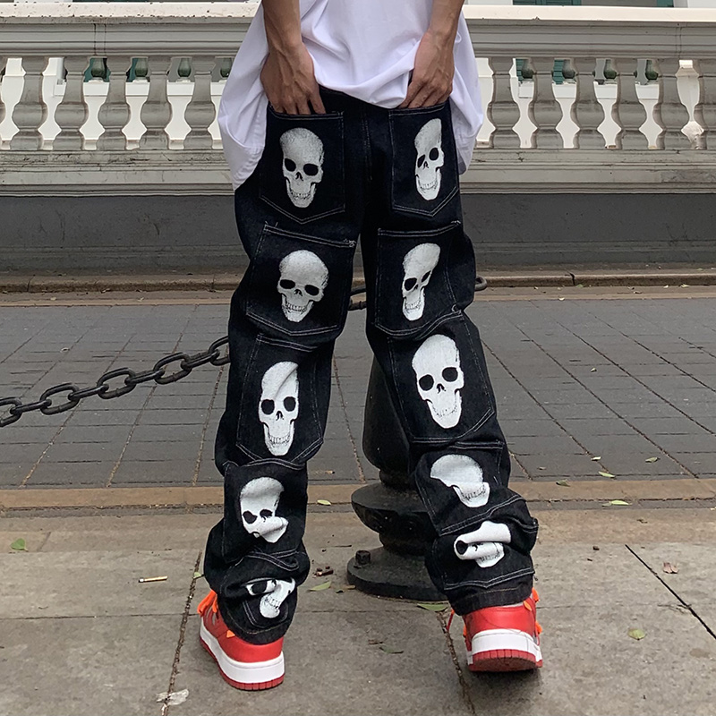 Multi-pockets Skull Print Retro Denim Trousers Men and Women Straight Washed Hip Hop Oversize Casual Jeans Pants, Blue
Multi-pockets Skull Print Retro Denim Trousers Men and Women Straight Washed Hip Hop Oversize Casual Jeans Pants, Blue