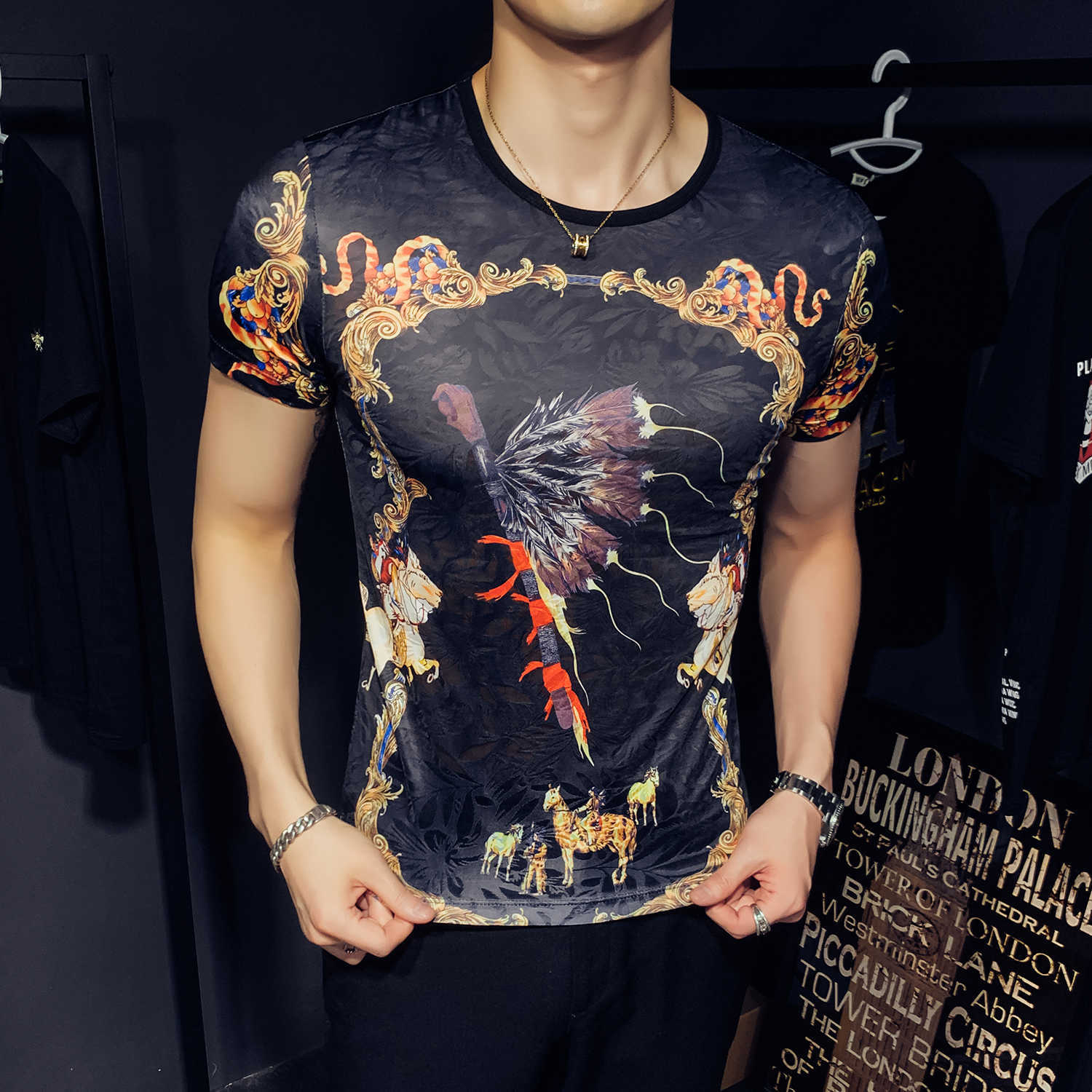 Retro Print T Shirt Men Ice Silk Breathable Short Sleeve Streetwear Tshirt Male Casual T Shirts Camiseta Masculina 210527