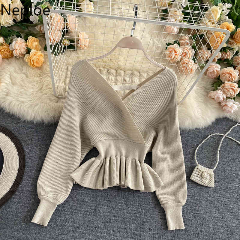 Neploe Bling Sweater Knitted Cropped Pullovers Temperament V-neck Slim Waist Jupmer Ruffles Long Sleeve Knitwear Tops 95499 210422