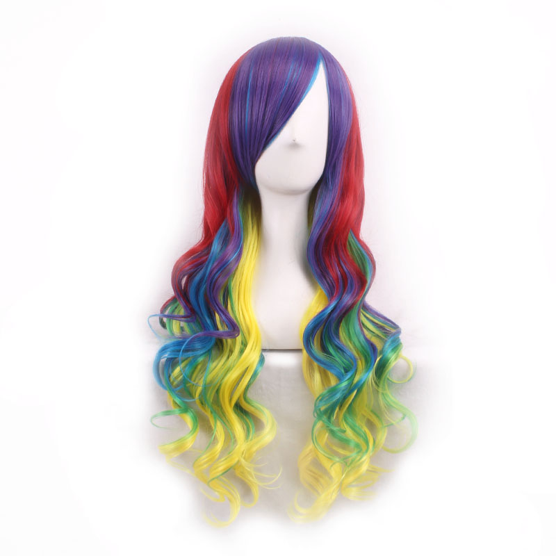 long wavy synthetic hair wigs women japanese harajuku green pink white red purple rainbow color fibre anime cosplay wig ombre
