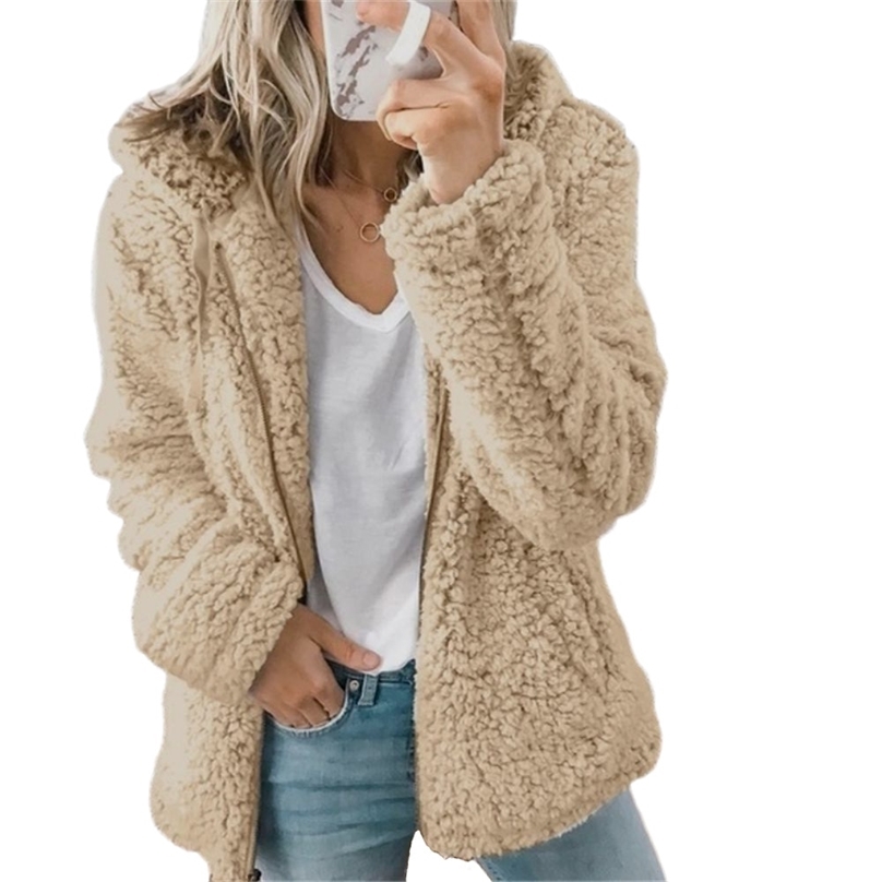 Women Autumn Winter Jacket Female Coat Causal Soft Hooded Fleece Plush Warm Plus Size Faux Fur Fluffy Zipper Top 211123