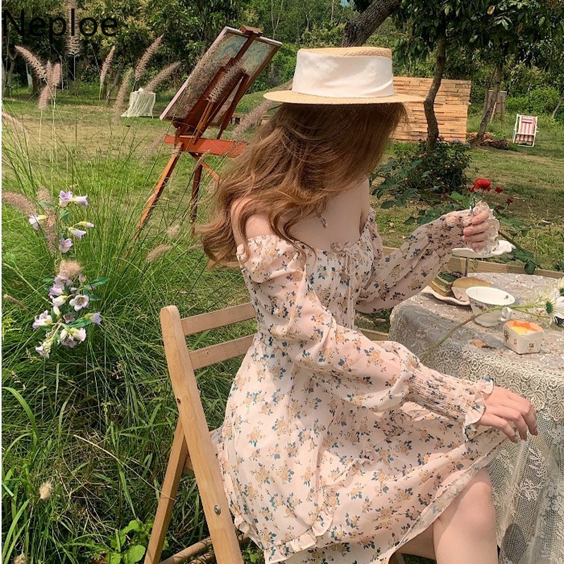 Neploe Summer Sweet Floral Dress Women Elegant Square Collar Long Sleeve Beach Dresses Temperament Slim Lace-up Chiffon Vestidos 210422