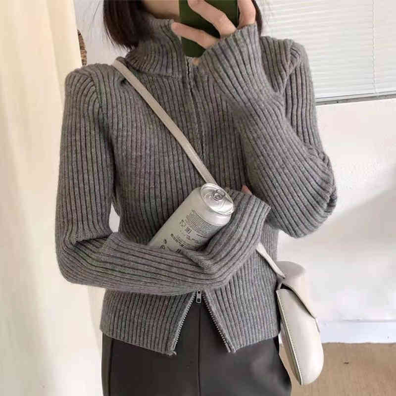 Nomikuma Korean Zipper Stand Neck Knitted Cardigan Long Sleeve Slim Women Sweater Coat Spring New Knitwear Jacket 6E147 210427