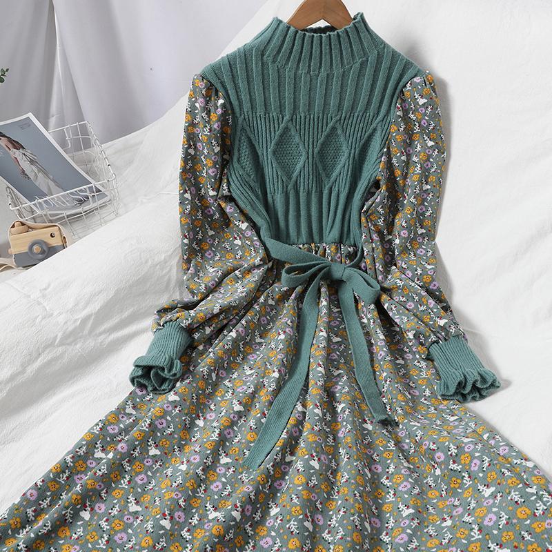 Office Lady Knitted Sweater Pleated Dress Female Casual Long Sleeve Midi Elegant Autumn Winter Bottoming Women 2021 Dresses