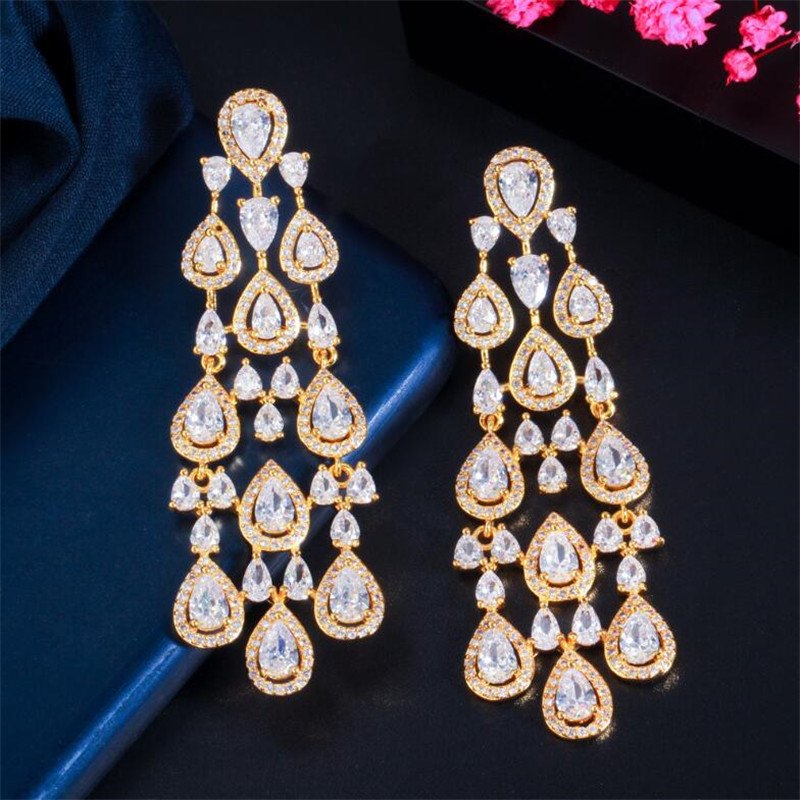 Choucong Brand Handmade Dangle Earrings Luxury Jewelry 18K Gold Fill Water Drop White Topaz CZ Diamond Banquet Party Women Wedding Long Tassels Earrin