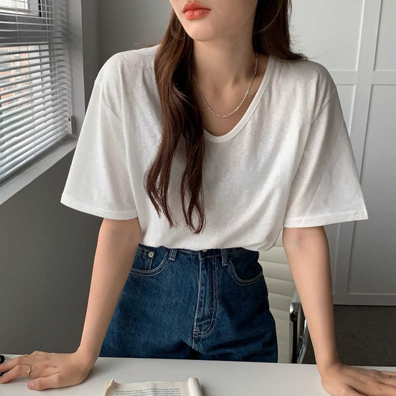 LY VAREY LIN Summer Women Casual V-neck Short Sleeve Candy Color Pink Tops Loose Simplicity Female White Black T-shirts 210526
