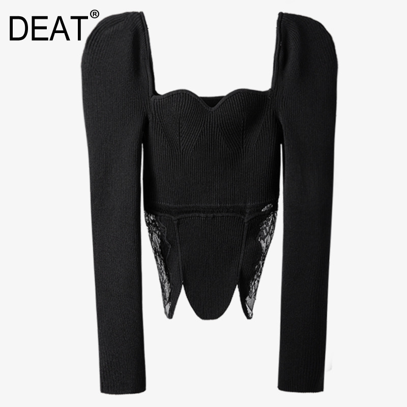 DEAT New Spring Autumn Fashion Casual Simple Slimsexy High Waist Lace Stitching Long Sleeve Bottom Knitted Top Women SG607 210428