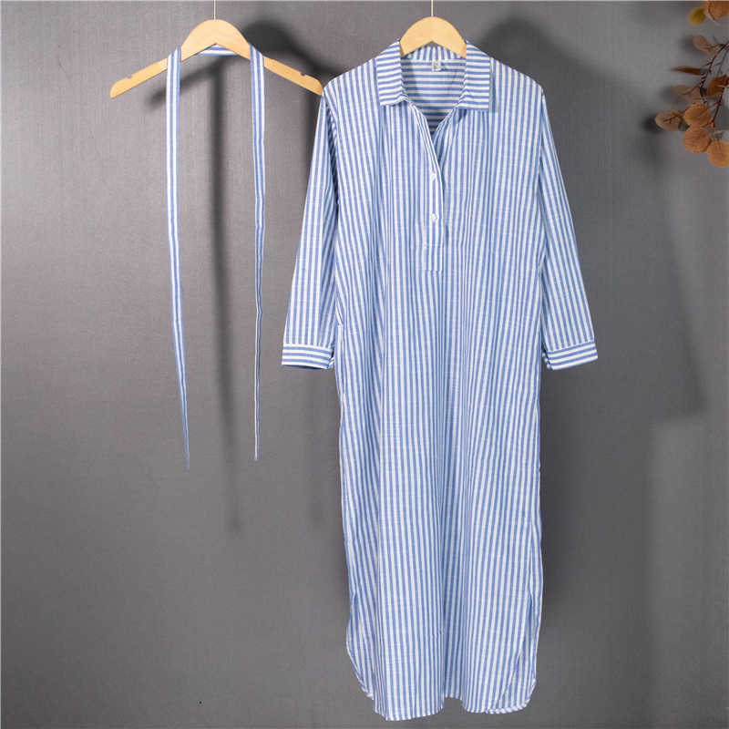 Summer Striped Shirt Lapel Lace-Up Casual Cotton En Dress | Dr2268
