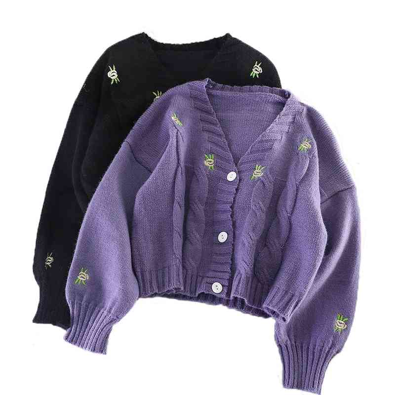 Spring and Autumn V-neck Lantern Sleeve Embroidery Hollow Flowers Gentle Cute Cardigan Women's Knit Fashion Loose Sweater 210602