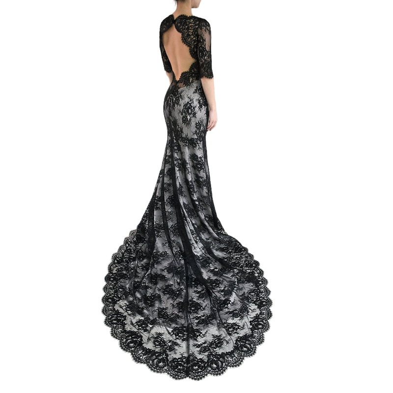 Gothic Black Mermaid Lace Wedding Dress Sexy Open Back Half Sleeves Court Train Bridal Gowns Vintage Boho Beach Bride Dresses
