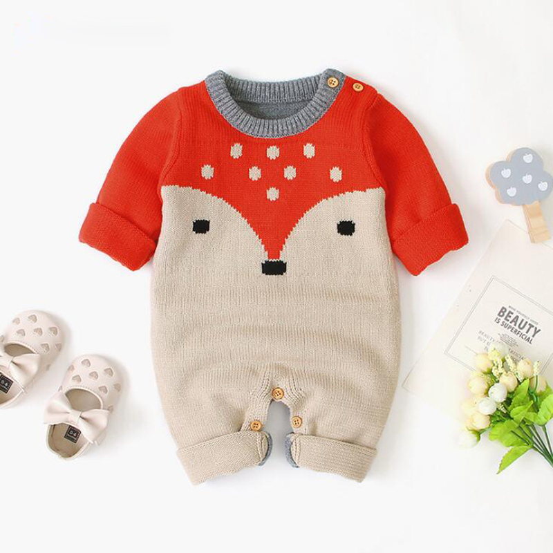 Autumn Winter Baby Boys Girls Cartoon Fox Rompers Clothes Children Boy Girl Kids Knitting Long Sleeve 210429
