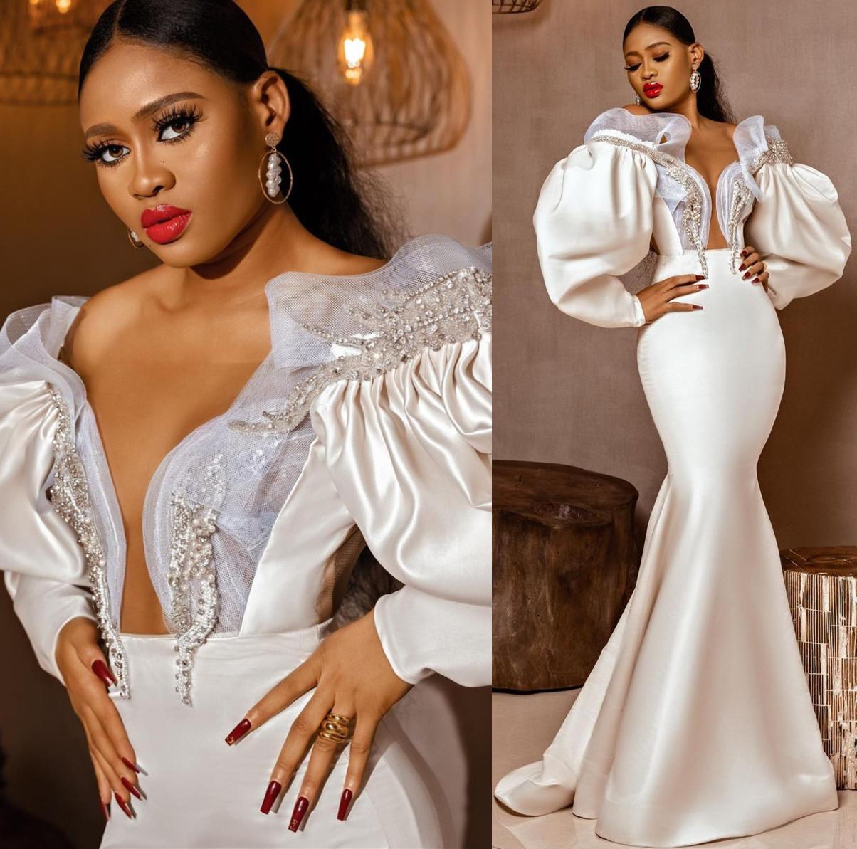 Aso Ebi Mermaid Crystals Wedding Dresses 2021 Plus Size Arabic Long Sleeve Crepe Stain Trumpet Beach Garden Bridal Dress