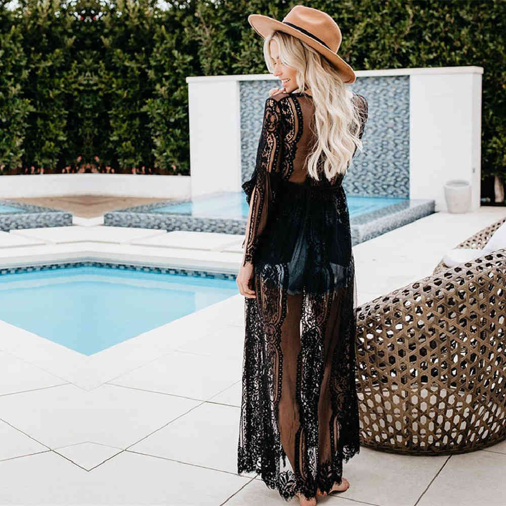 Tunics for beach Long Lace Beach Dress Women Swim Cover up Plus size Saida de Praia Robe Plage Kaftan #Q821 210420