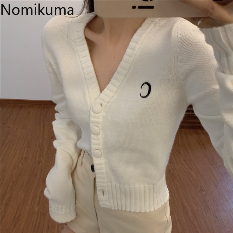 Nomikuma Long Sleeve Knitted Caridgan Korean Moon V-neck Women Knitwear Jacket Autumn Winter New Sweater Coat 6D446 210427