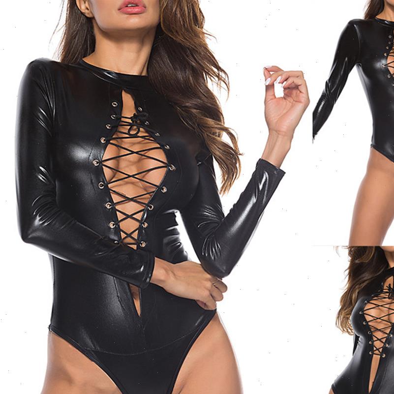 s 5xl plus size women jumpsuit leather bodysuit long sleeve lace up club pu romper teddy latex catsuit catwomen, Black;white