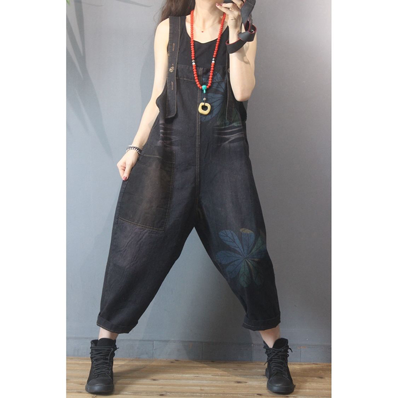 Spring Summer Arts Style Women Loose Casual Jumpsuits Cotton Denim Patchwork Print Vintage Jumpsuit high quality S875 210512