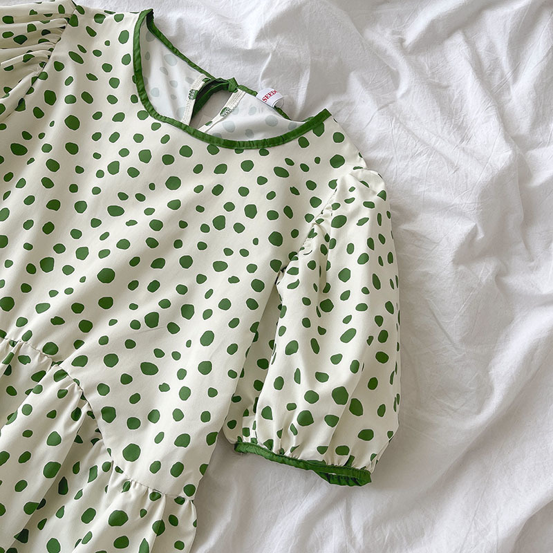 Kimutomo Chic Wave Point Dress Fashion Women Summer Korean O-neck Lace Up Puff Sleeve High Waist Robe Casual Sweet 210521