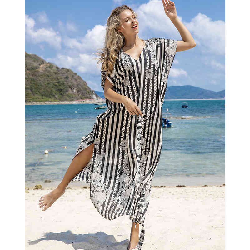 Sexy Bikini Cover-ups Cotton Tunic Casual Striped Summer Beach Dress Elegant Women Plus Size Wear Swim Suit Cover Up Q1117 210420