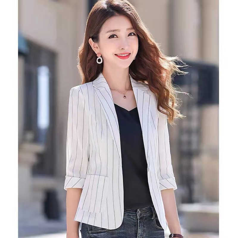 Spring Summer Women's Jacket Black White Striped Fashion Jackets Suit Three Quarter Sleeve Single Button Female Coat 210930
