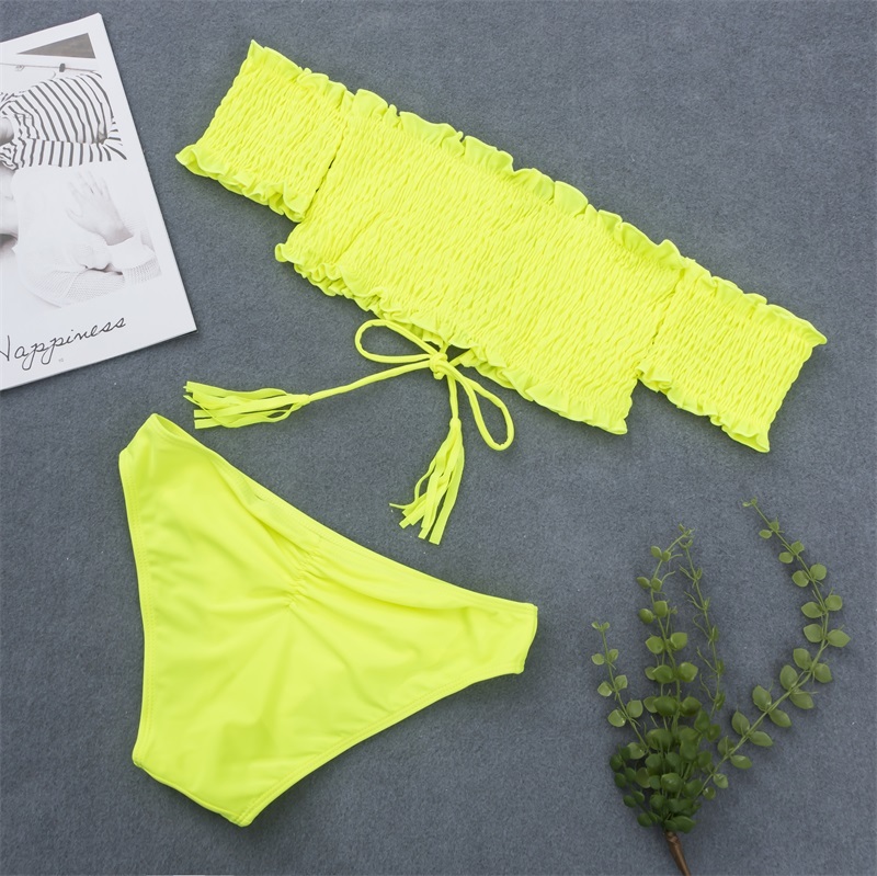 Sexy Lace Up Brazilian Bikini Swimwear Women Swimsuit Off Shoulder Bikinis Bandeau Biquini Bathing Suit Neon Yellow 210520