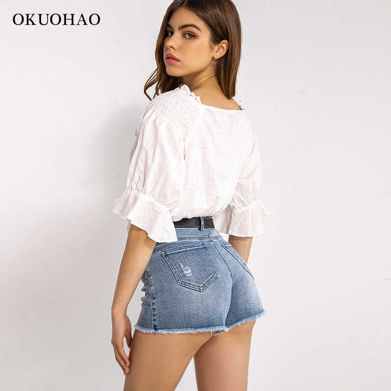 High Waist Denim Shorts For Women Summer Blue Ripped Elastic Jean Short Skinny Casual Female Washed Comfortable Shorts 210611