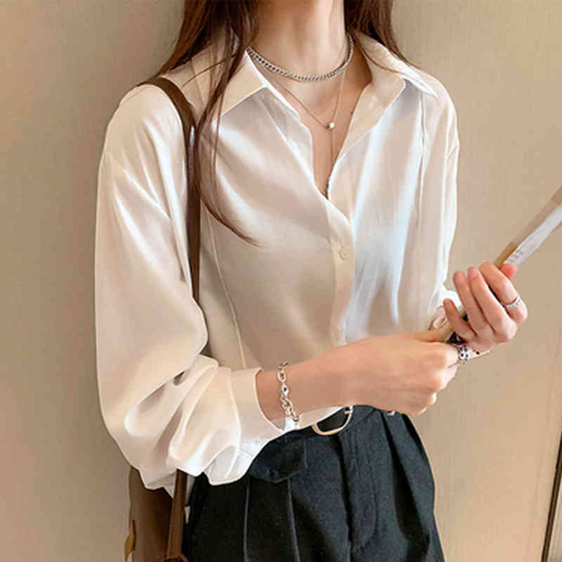 Spring Plus Size White Blouse Women Turn-down Collar Long Sleeve Top Button Up Casual Solid Shirt Tops Blusas Mujer 12603 210508