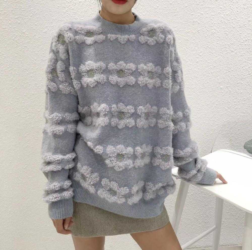 H.SA Korean Style Women Sweet Knit Jumpers Floral Patchwork Knit Pull Jumpers Oneck Cute Chic Pullovers Sweater Floral Jumpers 210716