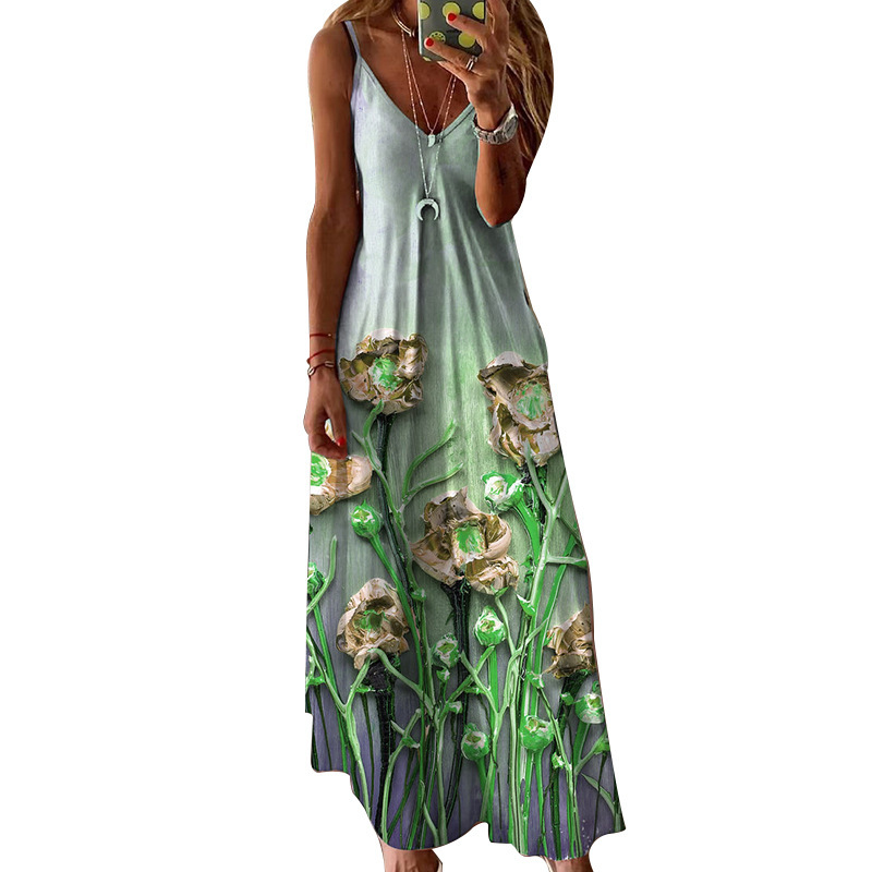 Women Dress Bohemia es Sexy Long Print Floral Maxi V Neck Sleeveless Spaghetti Strap Beach es 210513
