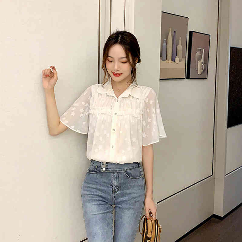Korean Style Summer Blouse Women Flare Short Sleeve Casual Chiffon Shirts White Cardigan Ladies Tops Clothes 9057 50 210508