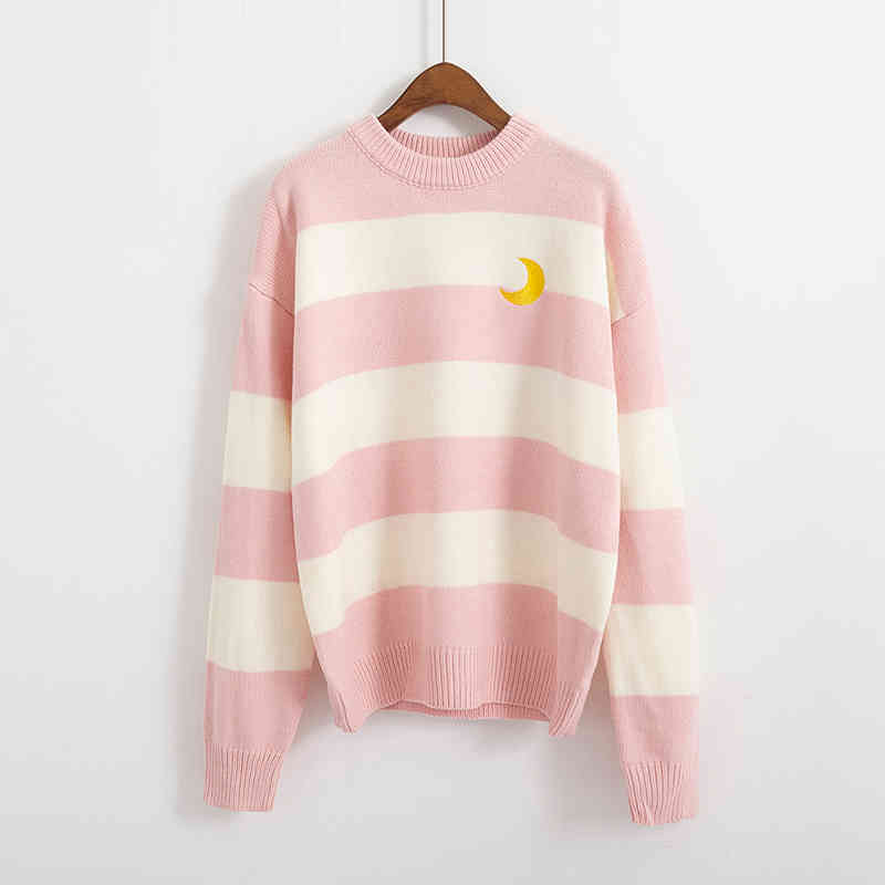 Kawaii Women's Sweaters Candy Color Stripes Moon Embroidery Sweater Sweet pink kntted sweater women winter clothes 210521