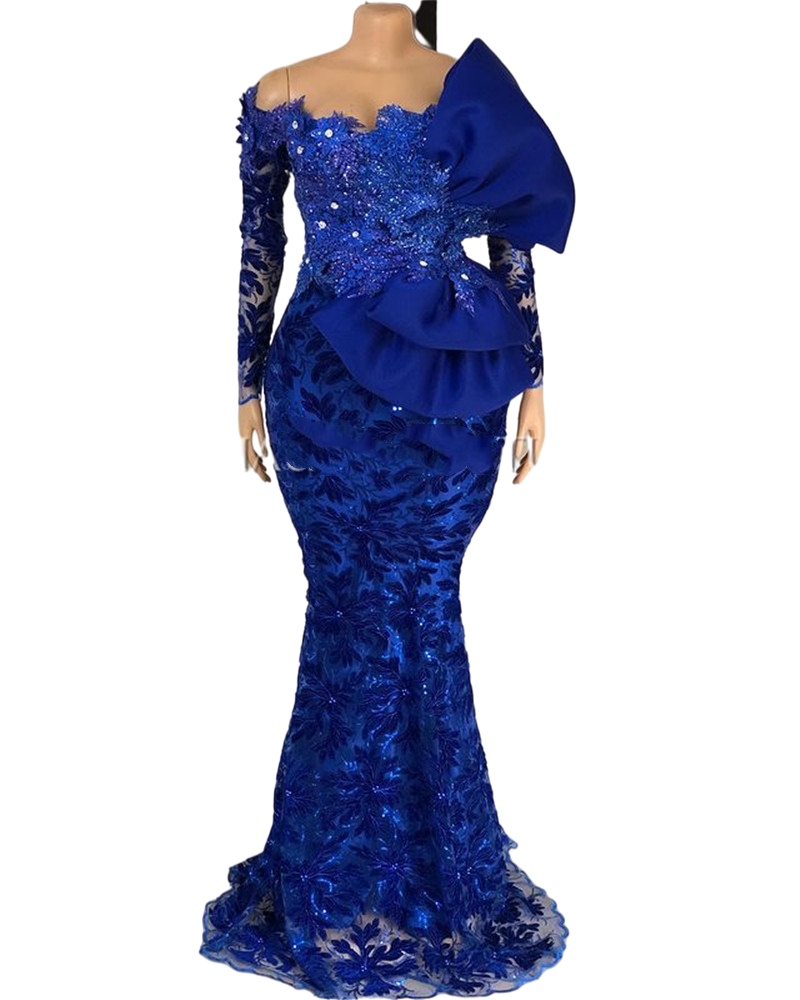Royal Blue African Evening Dresses Lace Beaded Off Shoulder Mermaid prom Party Gowns with Lace Long Sleeves vistido de festa