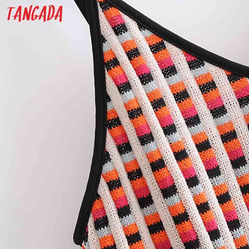 Summer Women French Style Plaid Knit Strap Ladies Midi Dress Vestidos 3H178 210416