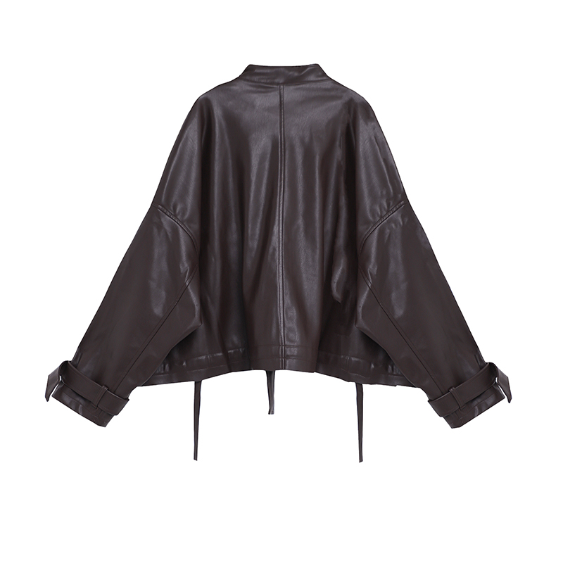 Spring Women Casual Loose Big Pocket Zipper Leather Jacket Biker Punk Black Puff Sleeve Chic Pu Outwear 210430