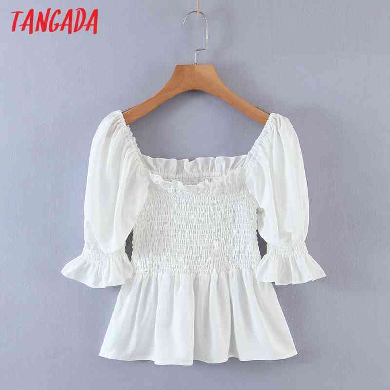 Women Retro White Ruffles Shirt Summer Blouse Puff Sleeve Chic Female Short Tops 8M7 210416