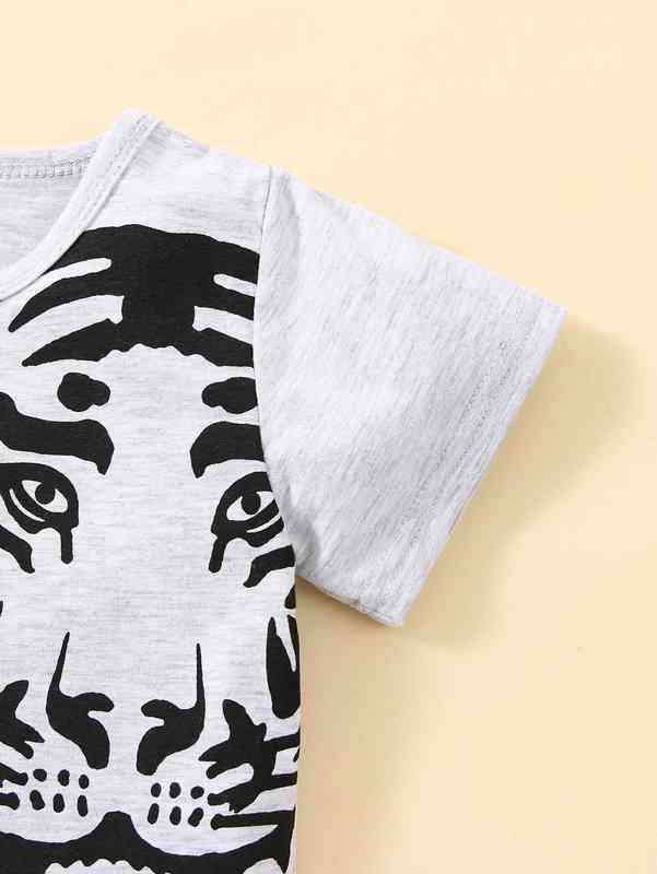 Baby Tiger Print Tee & Letter Graphic Pants SHE